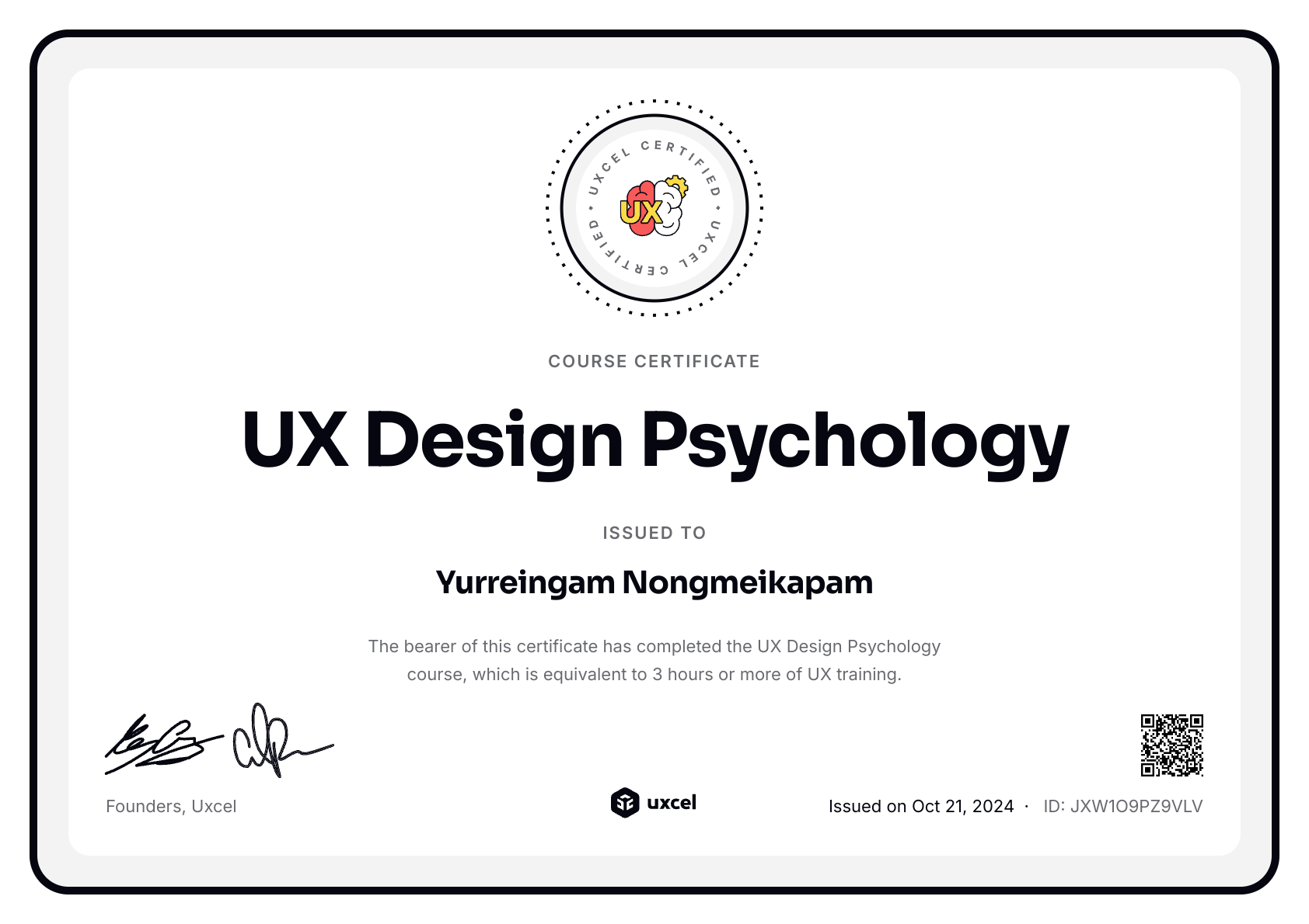 Yurreingam Nongmeikapam's certificate